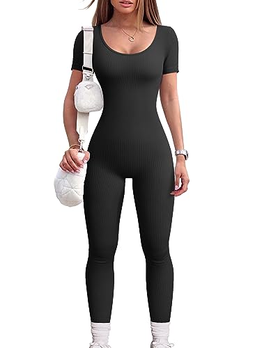 OQQ Damen-Yoga-Jumpsuits, gerippt, einteilig, Workout, kurzärmeliges Oberteil, Übungs-Jumpsuits, Schwarz, Medium von OQQ