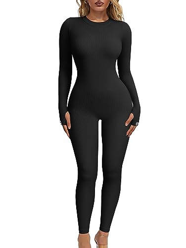 OQQ Damen Yoga Jumpsuits Gerippte Langarm Rundhals Tops Sport Jumpsuits, Schwarz, Medium von OQQ