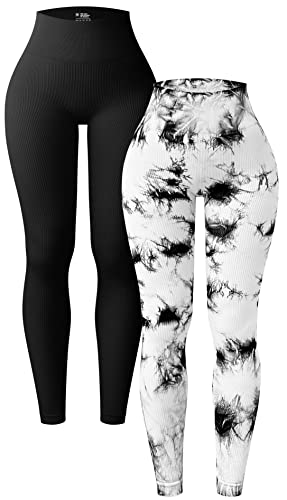 OQQ Damen-Yoga-Leggings, 2-teilig, gerippt, nahtlos, für Workout, hohe Taille, athletische Hosen, Schwarz Tie-dyed Weiß, S von OQQ