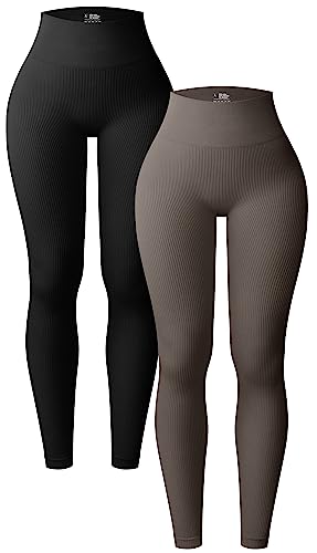 OQQ Damen-Yoga-Leggings, 2-teilig, gerippt, nahtlos, für Workout, hohe Taille, athletische Hosen, Schwarzes Teeblatt, X-Groß von OQQ