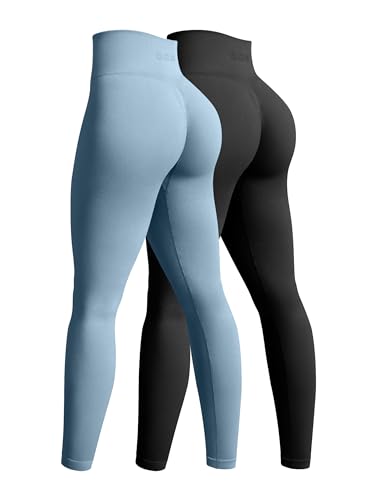 OQQ Damen-Yoga-Leggings, nahtlos, hohe Taille, Po, Liftings, athletische Leggings, 2-teilig, Schwarz, Haze Blue, M von OQQ