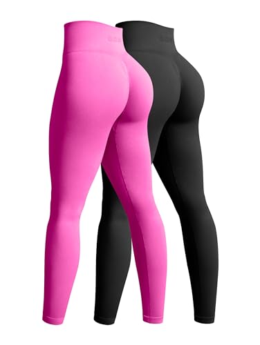 OQQ Damen-Yoga-Leggings, nahtlos, hohe Taille, Po, Liftings, athletische Leggings, 2-teilig, Schwarz, Rose, Groß von OQQ