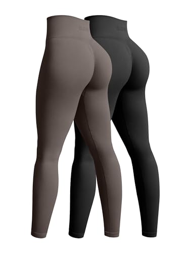 OQQ Damen-Yoga-Leggings, nahtlos, hohe Taille, Po, Liftings, athletische Leggings, 2-teilig, Schwarz, Teeblatt, Groß von OQQ