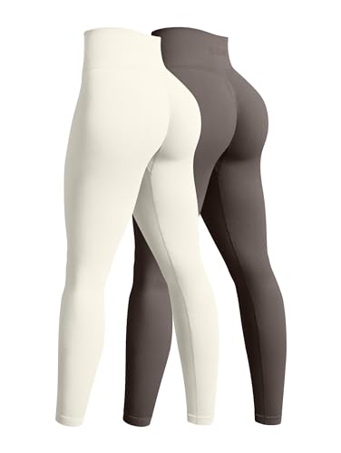 OQQ Damen-Yoga-Leggings, nahtlos, hohe Taille, Po, Liftings, athletische Leggings, 2-teilig, Teeblatt, beige, M von OQQ