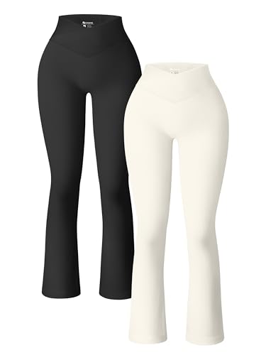 OQQ Damen-Yogahose, gerippt, nahtlos, hohe Taille, überkreuzte Glockenhose, Übung, Schlaghose, Leggings, 2-teilig, Schwarz, Beige, M von OQQ