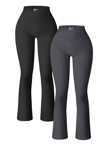 OQQ Damen-Yogahose, gerippt, nahtlos, hohe Taille, überkreuzte Glockenhose, Übung, Schlaghose, Leggings, 2-teilig, Schwarz, Dunkelgrau, S von OQQ