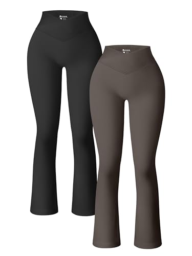 OQQ Damen-Yogahose, gerippt, nahtlos, hohe Taille, überkreuzte Glockenhose, Übung, Schlaghose, Leggings, 2-teilig, Schwarz, Teeblatt, S von OQQ