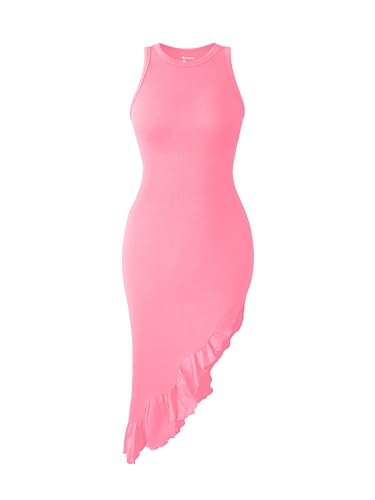 OQQ Damenkleider, sexy, ärmellos, Rundhalsausschnitt, gerüscht, unregelmäßig, elegant, Partykleid, Candypink, Klein von OQQ