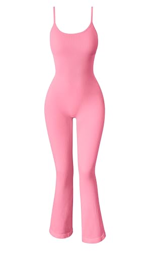 OQQ Frauen Yoga Jumpsuits Gerippt Übung Verstellbare Spaghetti-Streifen Tops Glockenhose Flare Jumpsuits, Candypink, Large von OQQ