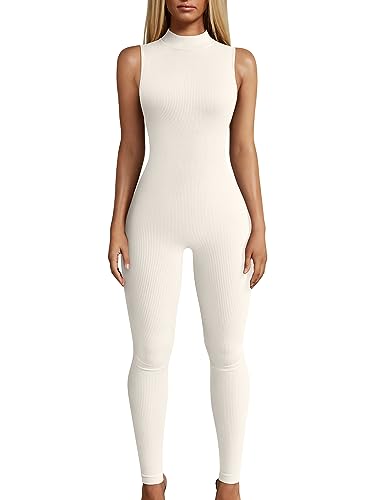 OQQ Frauen Yoga Jumpsuits Workout Gerippt Ärmellos High Neck Tops Sport Jumpsuits, Beige, Large von OQQ