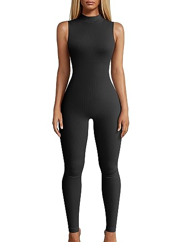 OQQ Frauen Yoga Jumpsuits Workout Gerippt Ärmellos High Neck Tops Sport Jumpsuits, Schwarz, Small von OQQ