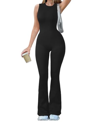 OQQ Jumpsuits für Damen Ohne Ärmel Rundhals Reißverschluss Slim Fit Casual Flare Jumpsuits Schwarz von OQQ