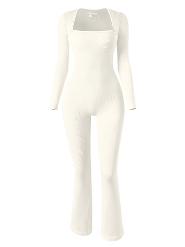 OQQ Langarm-Jumpsuits für Damen, gerippt, langärmelig, Yoga, Glockenhose, ausgestellte Jumpsuits, Beige, Medium von OQQ