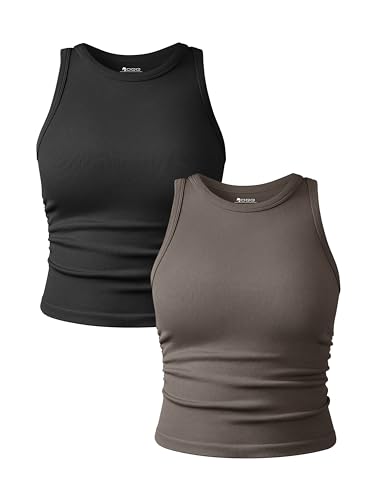 OQQ Tank Top für Damen 2er Pack Rundhals Top Ohne Ärmel Frauen Slim Fit Damen Basic Cami Top Schwarz Teeblatt von OQQ