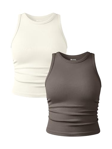 OQQ Tank Top für Damen 2er Pack Rundhals Top Ohne Ärmel Frauen Slim Fit Damen Basic Cami Top Teeblatt Beige von OQQ