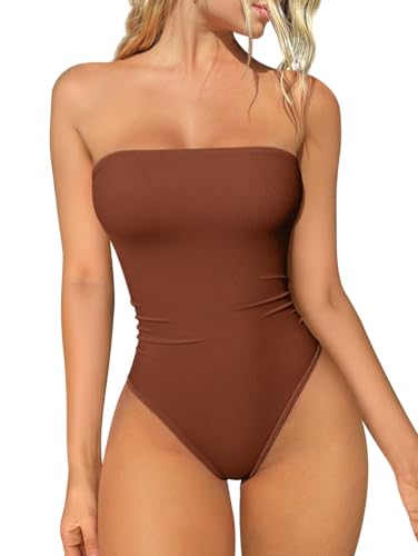 OQQ Tube Bodysuits für Damen 1er Pack Trägerlos Ohne Ärmel Basic Tube Top Sexy Bodysuits Karamell von OQQ