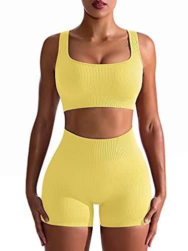 OQQ Workout-Outfit für Damen, 2-teilig, nahtlos, gerippt, hohe Taille, Leggings mit Sport-BH, Sport-Set, D_bady yellow, Klein von OQQ