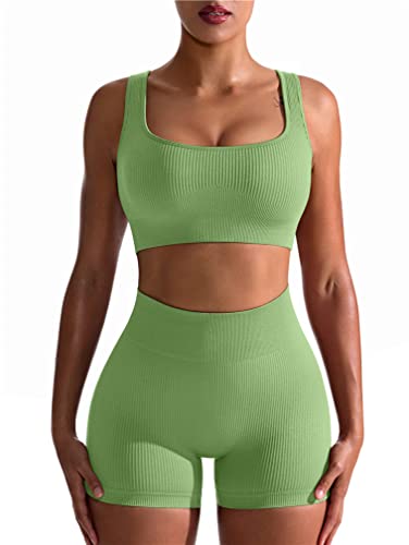 OQQ Workout-Outfit für Damen, 2-teilig, nahtlos, gerippt, hohe Taille, Leggings mit Sport-BH, Sport-Set, Mittel von OQQ