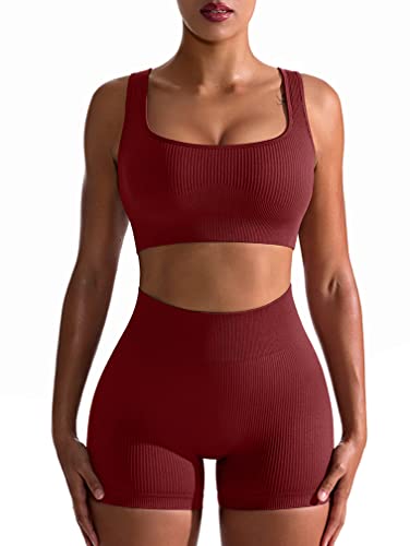 OQQ Workout-Outfit für Damen, 2-teilig, nahtlos, gerippt, hohe Taille, Leggings mit Sport-BH, Sport-Set, Weinrot, Mittel von OQQ
