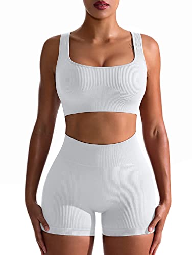 OQQ Workout-Outfits für Damen, 2-teilig, nahtlos, gerippt, hohe Taille, Leggings mit Sport-BH, Übungsset, Weiß, Klein von OQQ