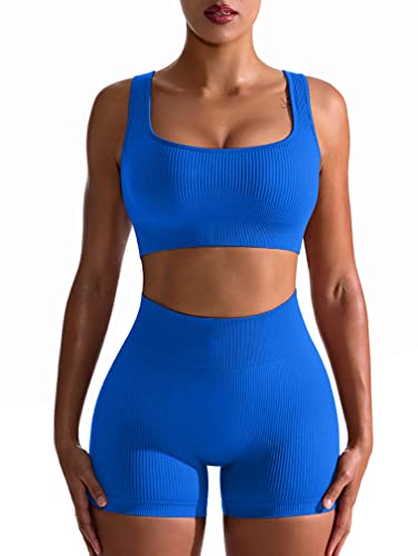 OQQ Workout-Outfits für Damen, 2-teilig, nahtlos, gerippt, hohe Taille, Leggings mit Sport-BH, Übungsset, Klein Blau, Large von OQQ