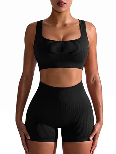OQQ Workout-Outfit für Damen, 2-teilig, nahtlos, gerippt, hohe Taille, Leggings mit Sport-BH, Sport-Set, schwarz, Mittel von OQQ