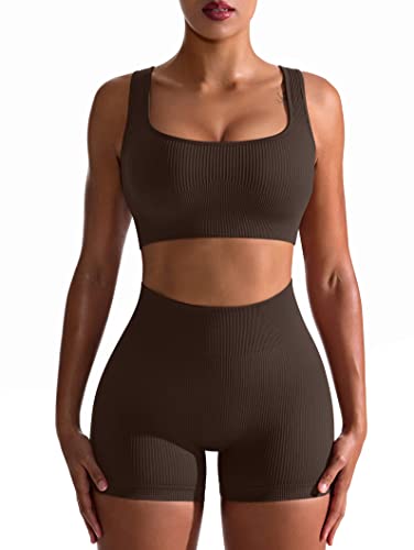 OQQ Workout-Outfits für Damen, 2-teilig, nahtlos, gerippt, hohe Taille, Leggings mit Sport-BH, Übungsset, Dunkelbraun, Klein von OQQ