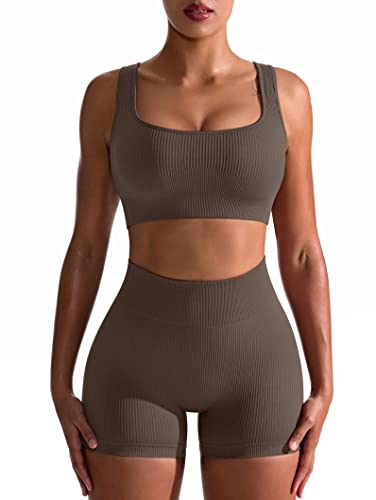 OQQ Workout-Outfits für Damen, 2-teilig, nahtlos, gerippt, hohe Taille, Leggings mit Sport-BH, Übungsset, Tealeaf, Medium von OQQ