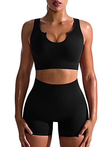 OQQ Workout-Outfits für Damen, 2-teilig, nahtlos, gerippt, hohe Taille, Leggings mit Sport-BH, Übungsset, schwarz 1, Klein von OQQ