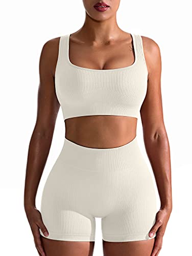 OQQ Workout-Outfit für Damen, 2-teilig, nahtlos, gerippt, hohe Taille, Leggings mit Sport-BH, Sport-Set, beige, Groß von OQQ