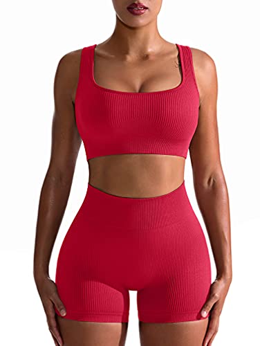 OQQ Workout-Outfits für Damen, 2-teilig, nahtlos, gerippt, hohe Taille, Leggings mit Sport-BH, Übungsset, Leuchtend, Klein von OQQ