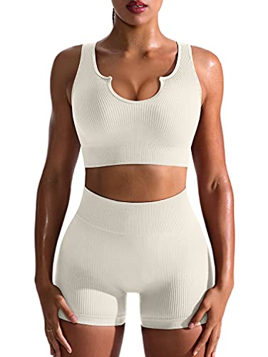 OQQ Workout-Outfit für Damen, 2-teilig, nahtlos, gerippt, hohe Taille, Leggings mit Sport-BH, Sport-Set, Beige1, Klein von OQQ