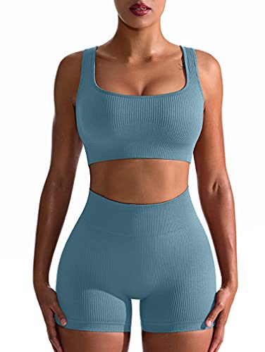 OQQ Workout-Outfit für Damen, 2-teilig, nahtlos, gerippt, hohe Taille, Leggings mit Sport-BH, Sport-Set, blau, Mittel von OQQ