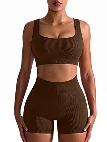 OQQ Workout-Outfit für Damen, 2-teilig, nahtlos, gerippt, hohe Taille, Leggings mit Sport-BH, Sport-Set, coffee, Klein von OQQ