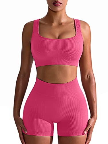 OQQ Workout-Outfit für Damen, 2-teilig, nahtlos, gerippt, hohe Taille, Leggings mit Sport-BH, Sport-Set, korallenrot, Groß von OQQ