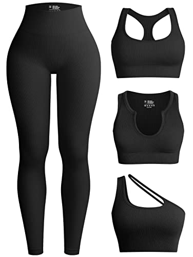 OQQ Workout-Outfits für Frauen, 4-teilig, gerippt, Yoga, hohe Taille, Leggings mit einer Schulter, Sport-BH, Übungsset, schwarz 1, Small von OQQ