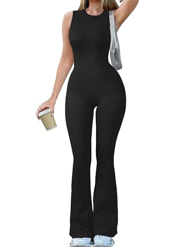 OQQ Yoga-Jumpsuits für Damen, gerippt, Rundhalsausschnitt, ärmellos, Glockenhose, ausgestellter Jumpsuit, Schwarz, X-Large von OQQ