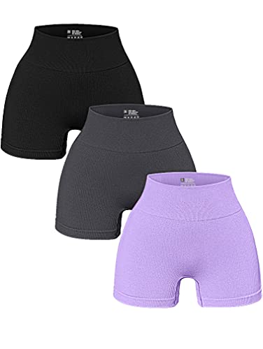 OQQ Damen 3-teilige Yoga-Shorts Gerippte Nahtlose Workout Hohe Taille Athletic Leggings, A: schwarz, grau, Lavendel, Klein von OQQ