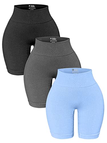 OQQ Yoga-Shorts mit hoher Taille, gerippt, nahtlos, Bauchkontrolle, Workout, Sport-Shorts, 3er-Pack, Schwarz, Grau, Candyblue, Klein von OQQ