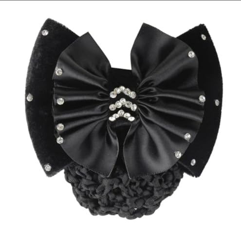 OR S-LINE Damen & Kinder Turnier-Haarnetz Satin & Samtschleife mit Strasssteinen Duttnetz mit Spange für Reiter oder Ballet (schwarz) von OR S-LINE