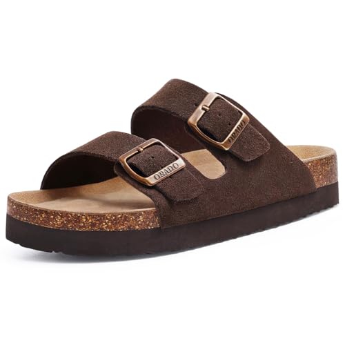 ORADO Plateau-Sandalen aus Wildleder für Damen, weiches Kork-Fußbett, Sommer-Slides mit verstellbarer Schnalle, Braun, 38/38.5 EU von ORADO