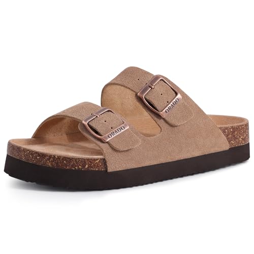 ORADO Plateau-Sandalen aus Wildleder, weiches Kork-Fußbett, Sommer-Slides mit verstellbarer Schnalle, Aprikose, Größe 42 (Größe 42) von ORADO