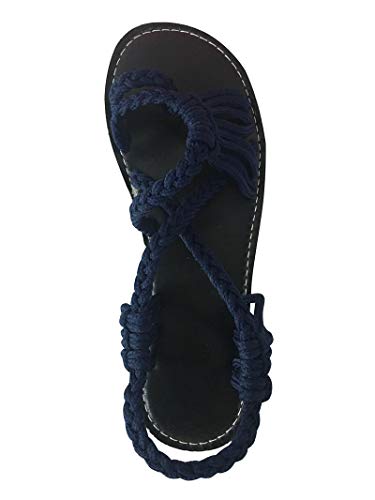 ORANDESIGNE Damen Geflochtene Sandalen Sommer Gladiator Schuhe Casual Flachen Flip Flops Strand Zehentrenner Sandalen Blau EU 40 von ORANDESIGNE