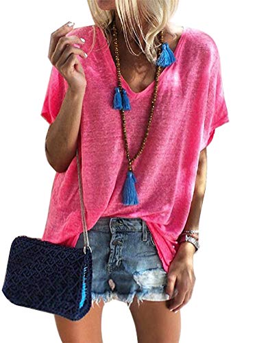 Damen Kurzarm T-Shirt V-Ausschnitt Casual Sommer Lose Shirt Oversize Oberteile Rose DE 40 von ORANDESIGNE