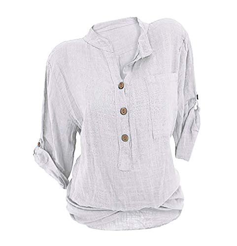 Damen Leinen Langarmshirt Freizeit Bluse V-Ausschnitt Button-Down Locker Hemd Shirt Weiß 36 von ORANDESIGNE