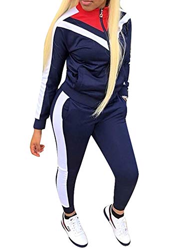 ORANDESIGNE Damen Mode Streifen Trainingsanzug Mädchen Lange Ärmel Zipper Top + Lange Hose Sportswear 2 Stück Bekleidungsset Sport Dunkelblau DE 42 von ORANDESIGNE