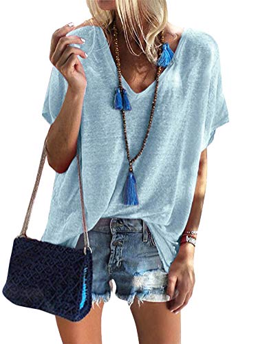 Damen Sommer T-Shirt Kurzarmshirt V-Ausschnitt Lässige Stretch Bluse Tops Oberteil Baumwollshirt Blau DE 50 von ORANDESIGNE