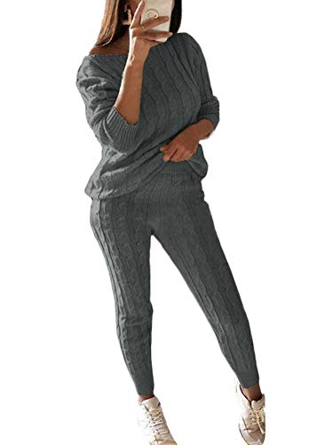 Damen Strickanzug Sweatsuit Zweiteilig Hosenanzug Schulterfrei Oversize Grobstrick Langarm U-Ausschnitt Einfarbig Loose Fit Herbst Winter Freizeitanzug von ORANDESIGNE