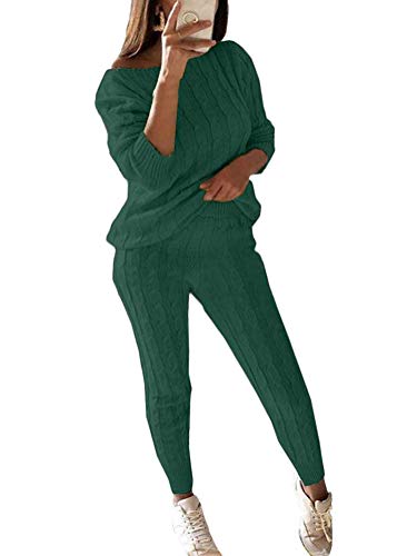 Damen Strickanzug Sweatsuit Zweiteilig Hosenanzug Schulterfrei Oversize Grobstrick Langarm U-Ausschnitt Einfarbig Loose Fit Herbst Winter Freizeitanzug von ORANDESIGNE