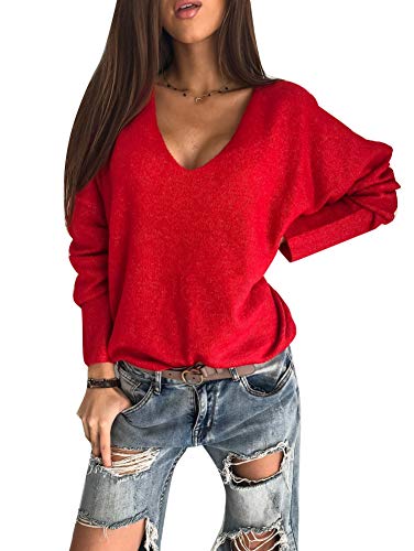 Damen Strickpullover Übergröße Lässige Solid V-Ausschnitt Langarm Pullover Herbst und Winter Warm Sweater Pulli Jumper Sweatshirt Strickpulli X Rot 40 von ORANDESIGNE